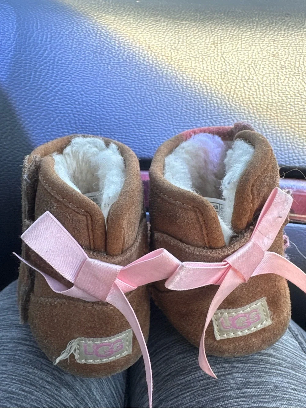 UGG baby size 2/3 infant  Chestnut Boots with Pink Ribbon
